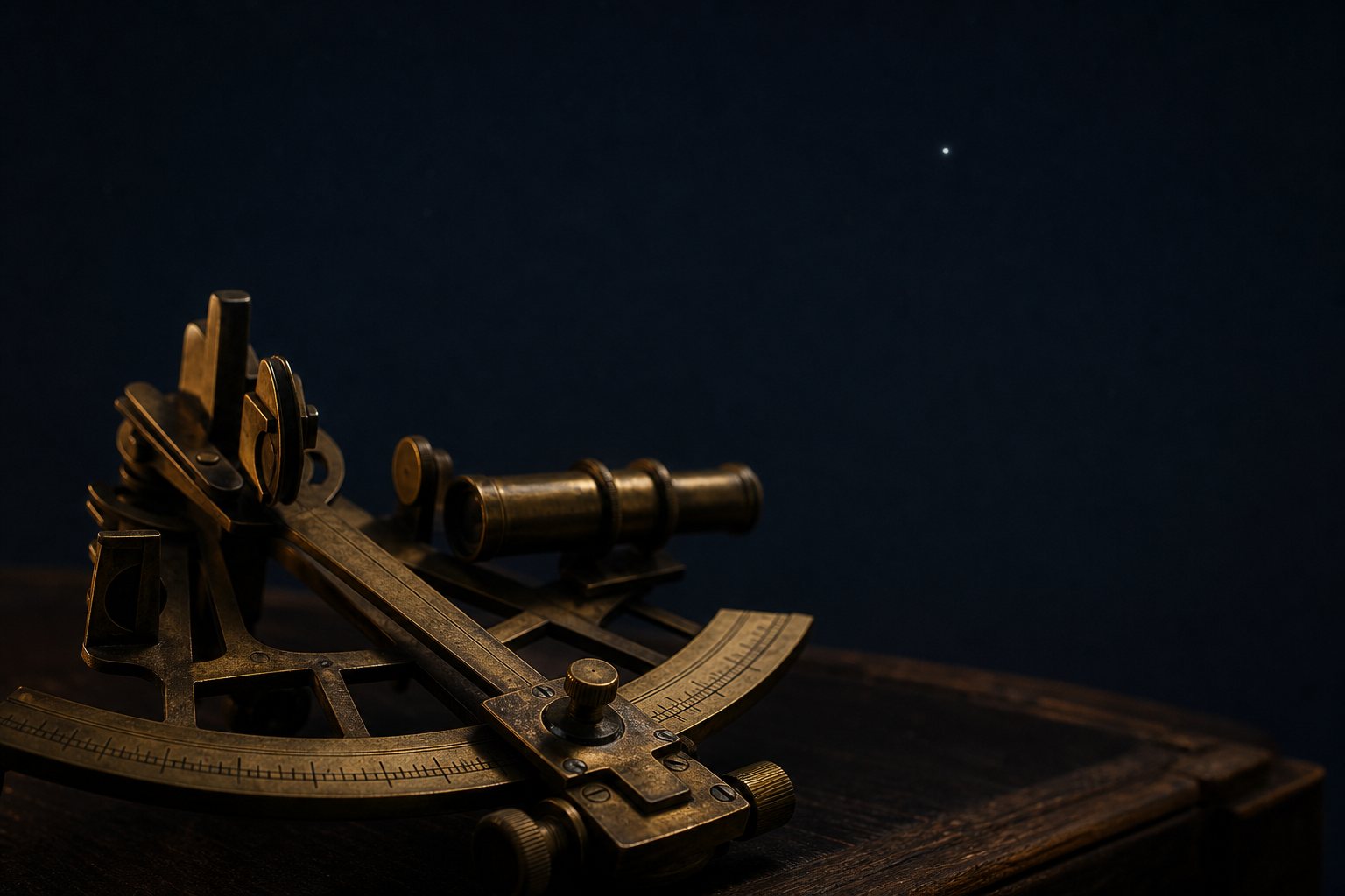 A brass sextant resting on a wooden case beneath a single distant star.