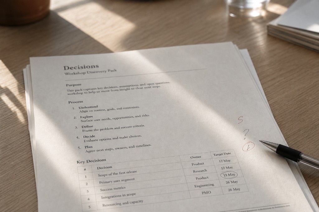 Printed workshop discovery pack on a desk, with red Source, Silence, and Commitment marks in the margin and a pen resting on the page.