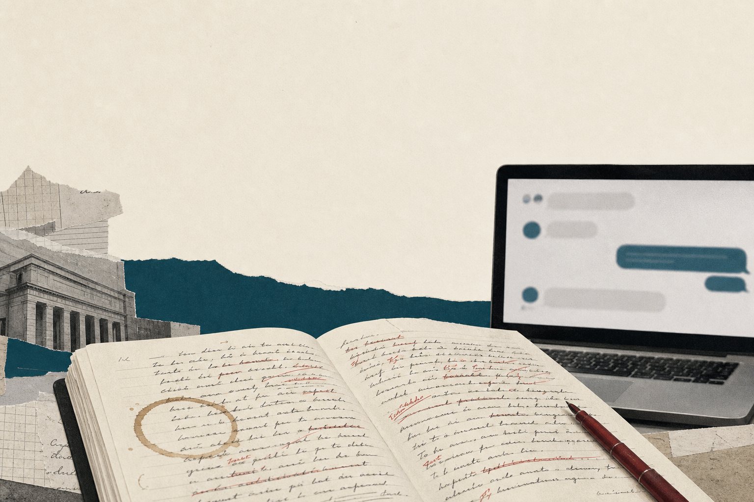 A handwritten, heavily edited notebook beside a laptop showing a chat interface.