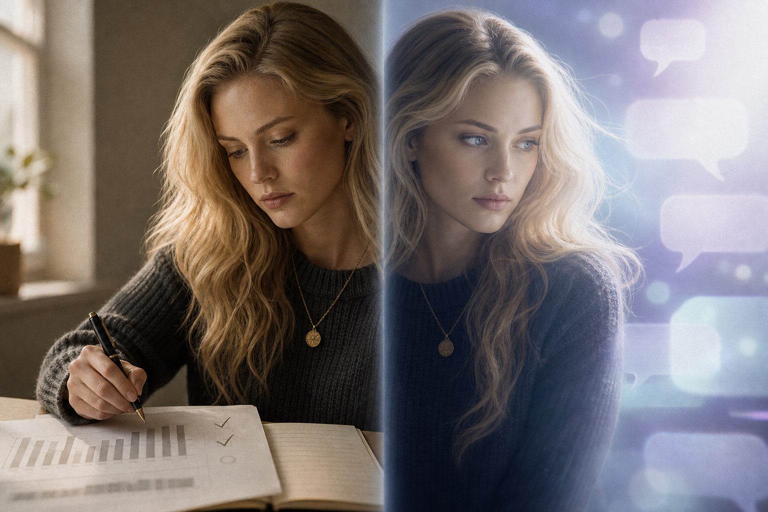 Split portrait: the same woman analysing a printed forecast on the left, and standing in a glowing field of chat bubbles on the right.